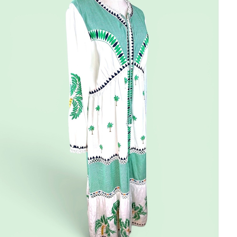 Farm Rio Palm Tree NWT Embroidered Maxi Dress L White Green Gingham Boho Linen - Picture 4 of 16